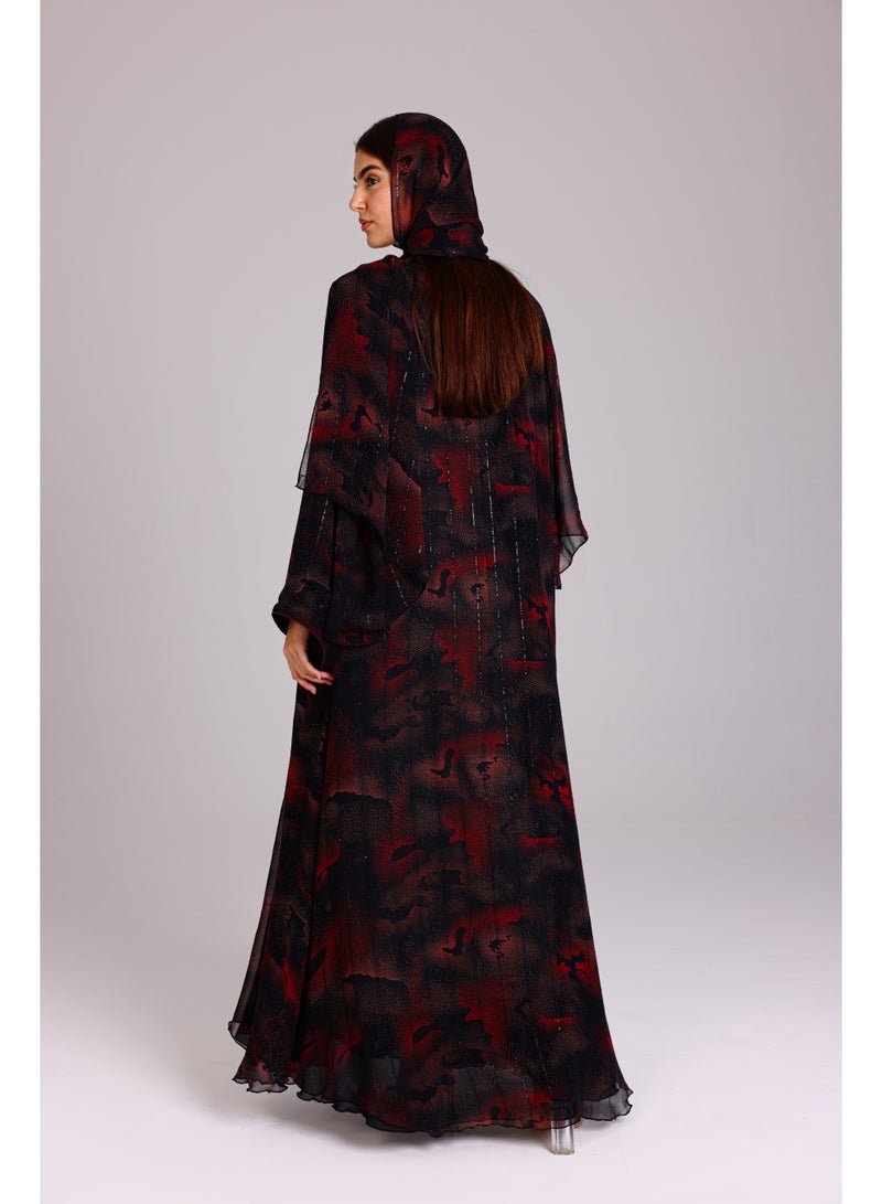IKKXA Modern Shadow Prints Elegant Red Abaya ABY1206 Red - Image 4
